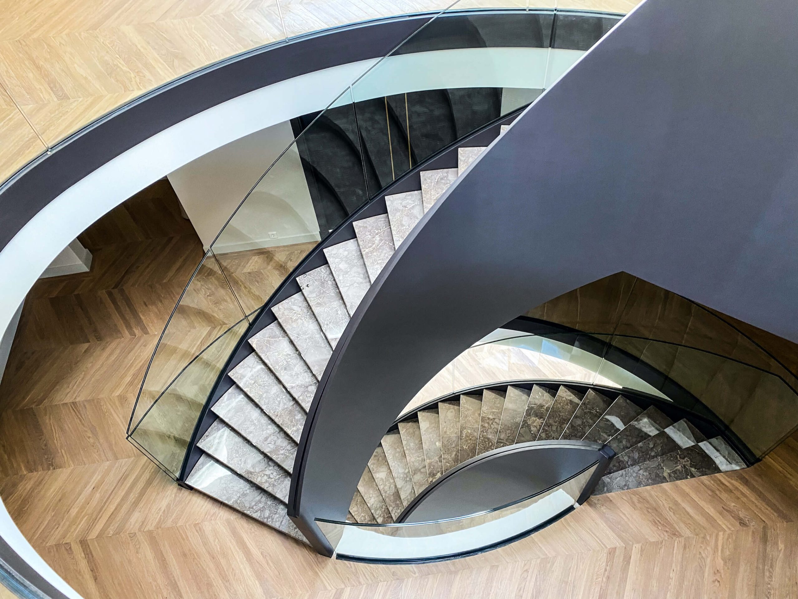 Steel spiral staircases with glass